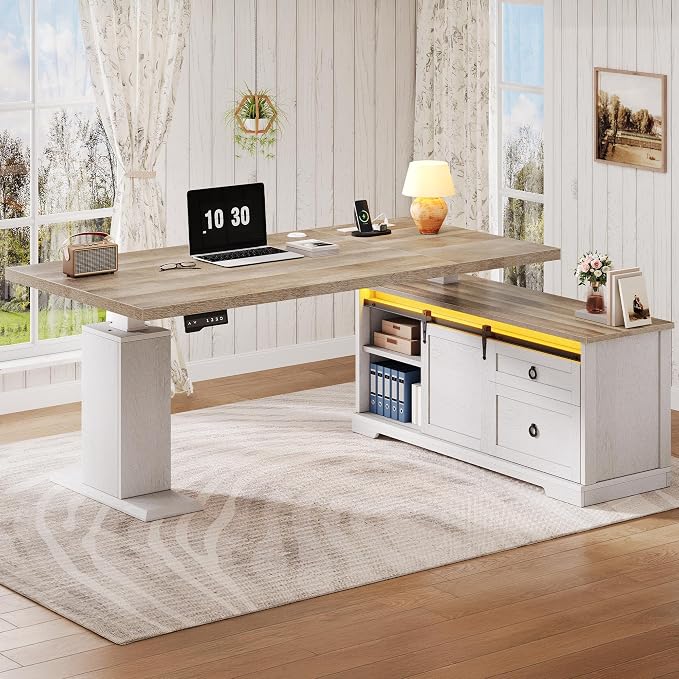 YITAHOME L Shaped Standing Desk with Power Outlets & LED Lights | 63" Farmhouse Electric Standing Desk Adjustable Height Sit Stand Corner Stand Desks with Drawers & Sliding Door, Grey Wash