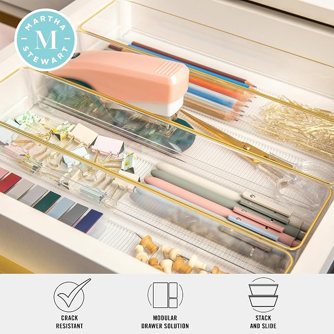 Martha Stewart Kerry Stackable Desk Drawer Organizers, Clear/Gold, 8-Pack | 9x3 in Organizers, Gold Trim, Stackable