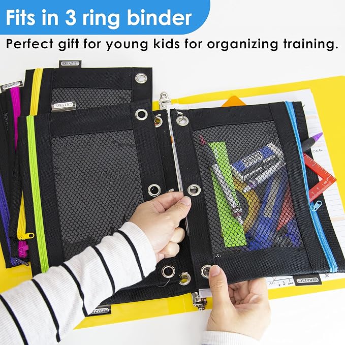 BAZIC Products Noir Neon 3-Ring Pencil Pouch with Mesh Window, 24-Box | clear mesh window and a zipper closure for pens, pencils, supplies