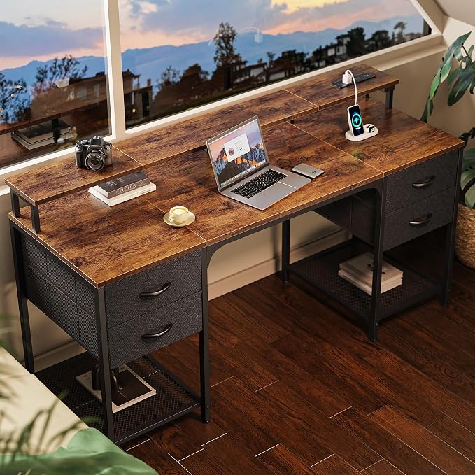 Huuger 63 inch Computer Desk with Power Outlets & 4 Drawers | Gaming Desk with LED Lights, Home Office Desk with Storage Space for Bedroom, Work from Home, Rustic Brown