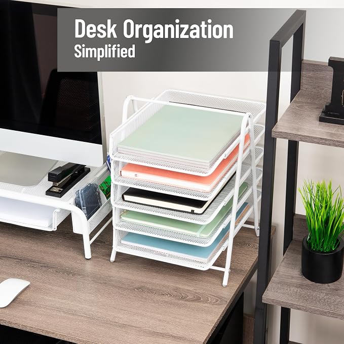 Mind Reader 5-Tier Paper Tray Organizer, White | Vertical Desktop File Storage Rack, Office, Metal Mesh