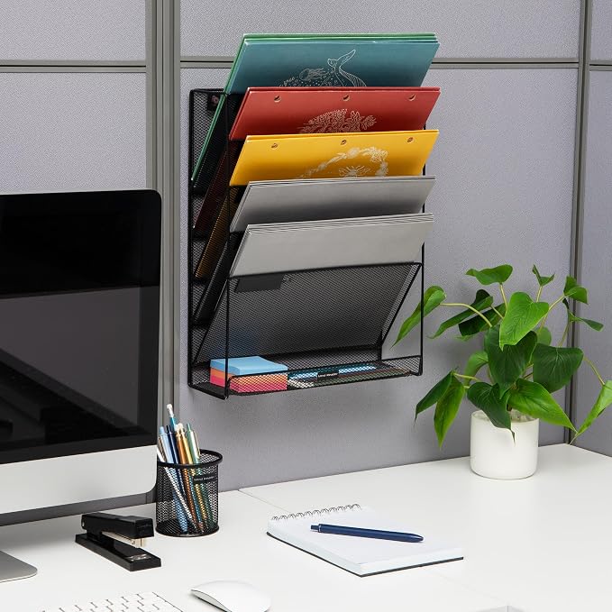 Mind Reader 5-Tier Vertical File Storage, Desktop Organizer, Wall Mount, Office, Metal Mesh, 12.75" L x 4" W x 16" H, Black (Pack of 4)