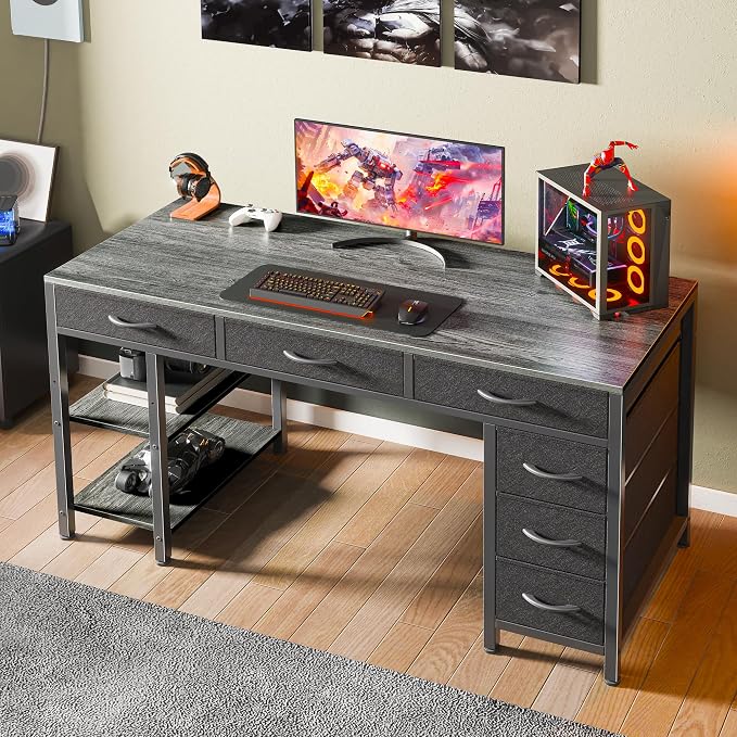 Huuger Computer Desk with 6 Drawers, Office Desk with Shelves, Reversible Gaming Desk, Corner Desk with Storage, Work for Home Office, Study, Living Room, 47inch, Grey
