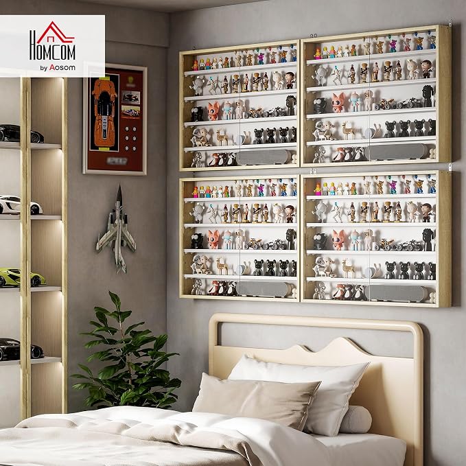 HOMCOM 5-Tier Wall Mounted Display Cabinet Glass Doors 60x80cm White/Oak | Display Case, 4 Adjustable Shelves, for Home Office Ornaments