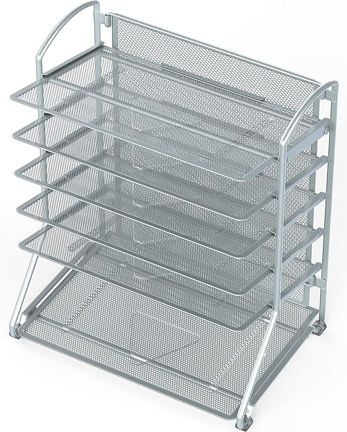 Simple Houseware 6-Tier Desk Organizer & Sliding Paper Tray, Silver | Space-Saving Desktop Letter Tray for Document, Files and Mail Sorting