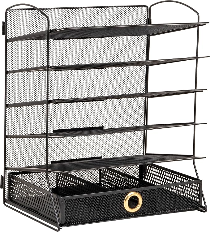 Mind Reader 5 Tier Desk Organizer, Black | Sliding Trays and Drawer, Metal Mesh File Sorter, Angled Shelves, Divided Storage