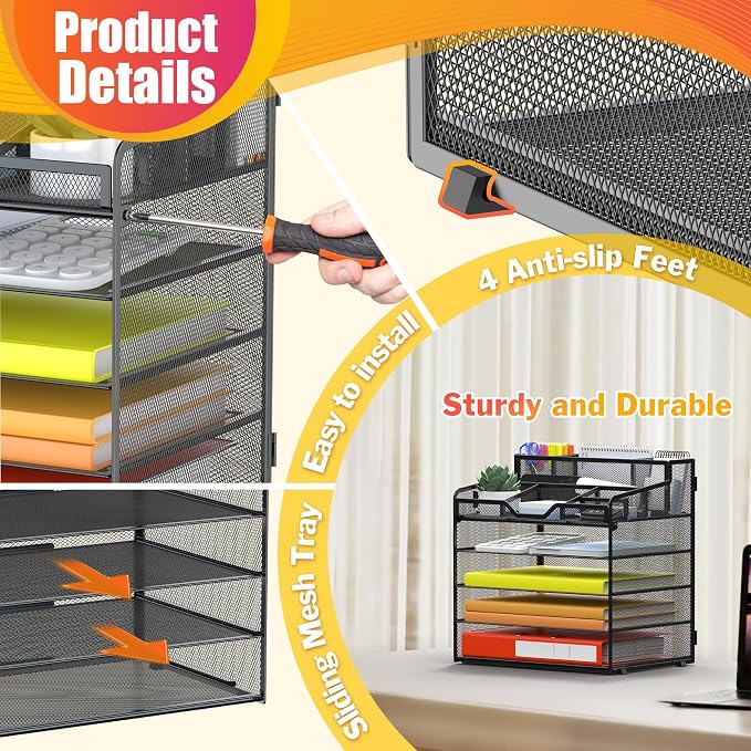 Docnest 5 Tier Mesh Desk Organizer with Letter Tray & Paper Sorter, Black | Features 3 built-in pen holders & 5 adjustable compartments on top. Includes 4 non-slip rubber feet for desk protection
