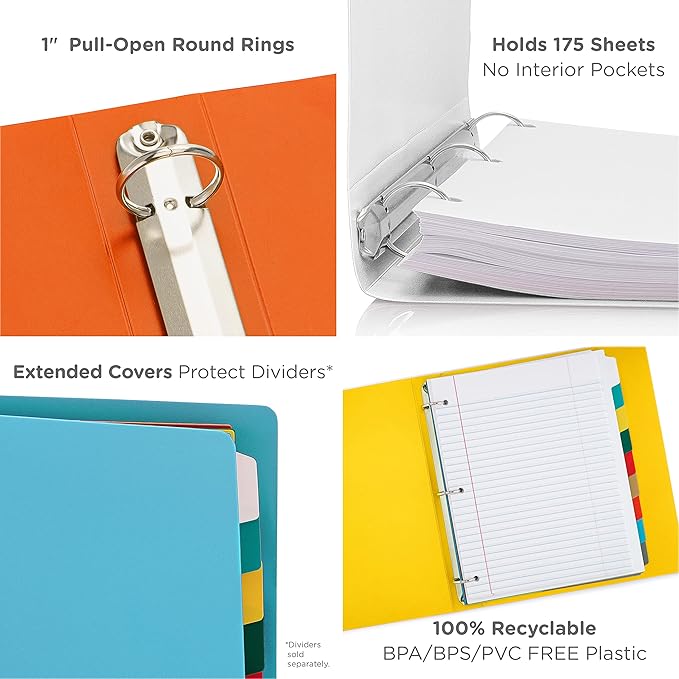 Premium Economy 3 Ring Binder, 1 Inch Pull-Open Round Rings, Holds 175 Sheets, Flexible, Lightweight, 4-Pack, Side Opening, Multi-Color—White, Blue, Yellow, Orange