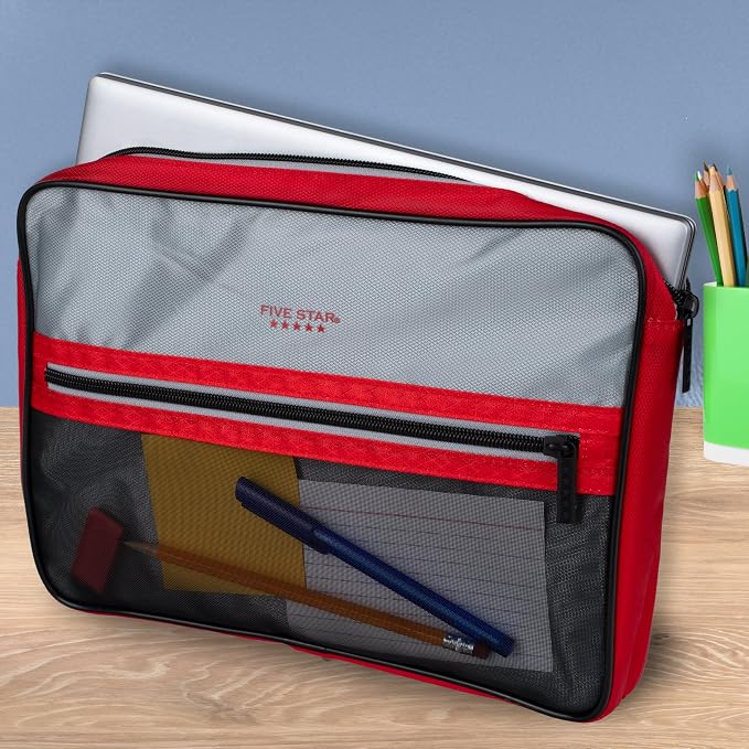 Five Star Zipper Binder, 3-Inch D-Ring Case Binder, 850-Sheet Capacity, Multiple Pockets, Front 5-Tab Expanding File, Removable Padded Case and Shoulder Strap, Crimson Fade (292960K)