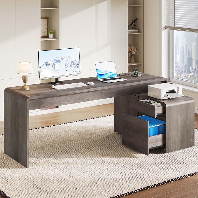 78" L-Shaped Executive Desk with Mobile File Cabinet, Grey Oak | Mid-Century L-Desk with Mobile File Cabinet, Drawers & Power Hub (4AC+2USB) Waterfall Edge. Large Workspace for Home Office