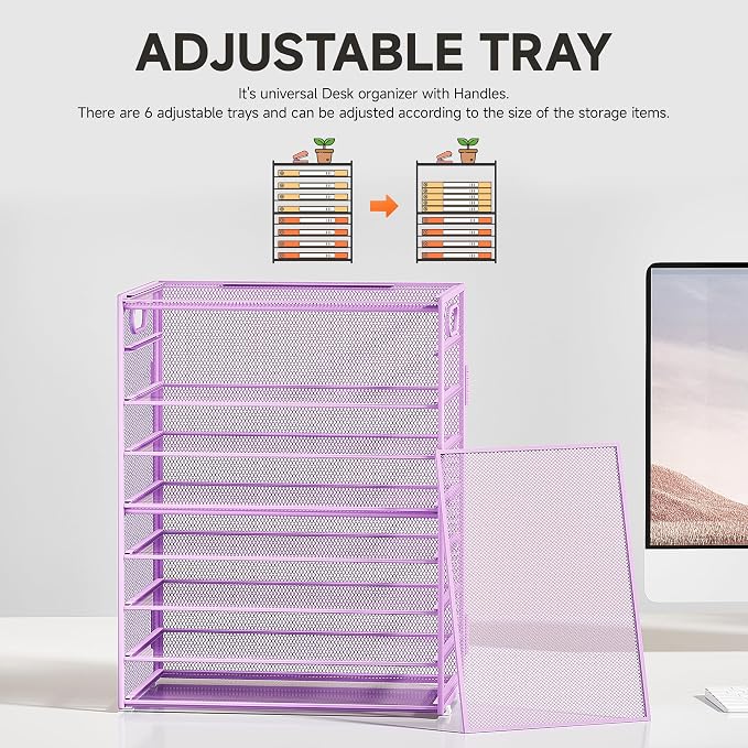 SUBEKYU 9 Tier Paper Letter Tray Desk Organizer with Handles - Purple Metal Mesh File Holder Paper Sorter Desk Organizer for Office Home School, Include 6 Pcs Adjustable Slid Tray, 6 Colors Available