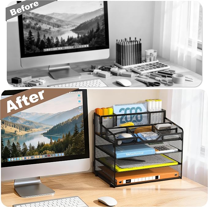 Docnest 4 Tier Mesh Desk Organizer with Letter Tray & Paper Sorter, Black | Features 3 built-in pen holders & 5 adjustable compartments on top. Includes 4 non-slip rubber feet for desk protection