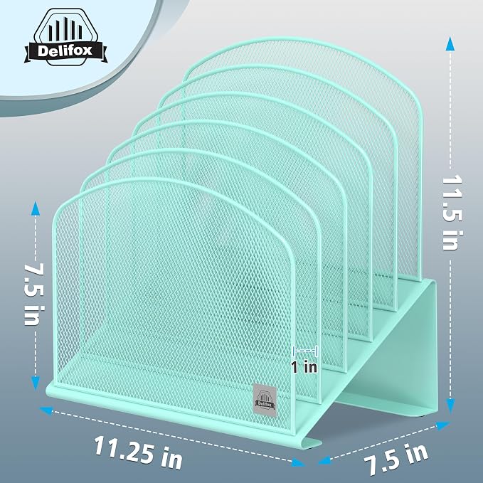 Delifox Inclined Desk File Organizer,Vertical File Folder Holder Stand Metal Rack File Sorter for Office Classroom Desktop Organization (1, Aqua, 5)