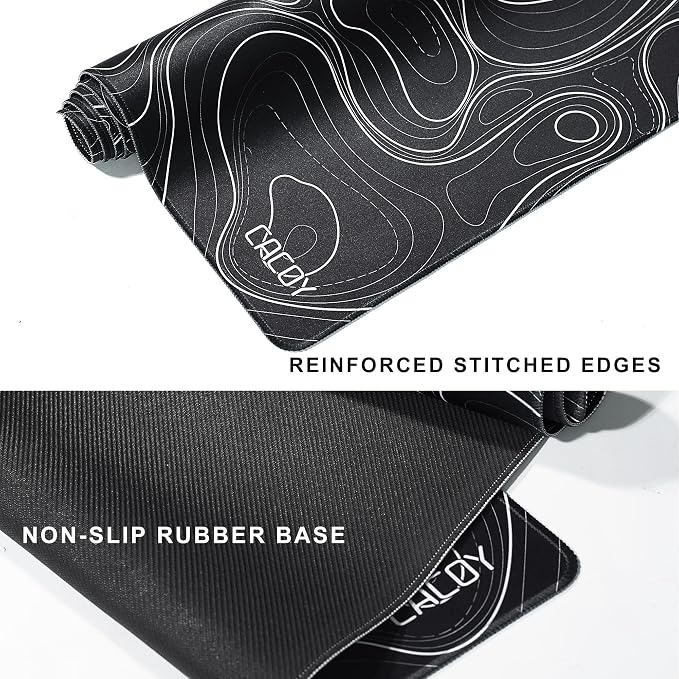 Cacoy 48" x 24" Black Topographic Gaming Mouse Pad, Non-Slip Large Desk Mat | Contour Line Extended Desktop Mat with Stitched Edges Textured Surface Keyboard Mouse Mat Optimized for Gamer Computer Laptop