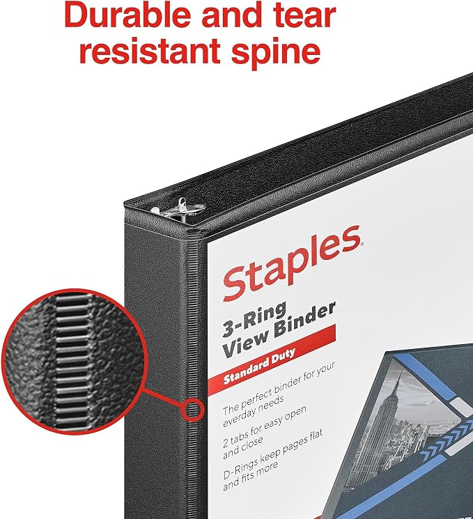 Staples 1" 3-Ring View Binder, D-Ring, Black, 4/Pack