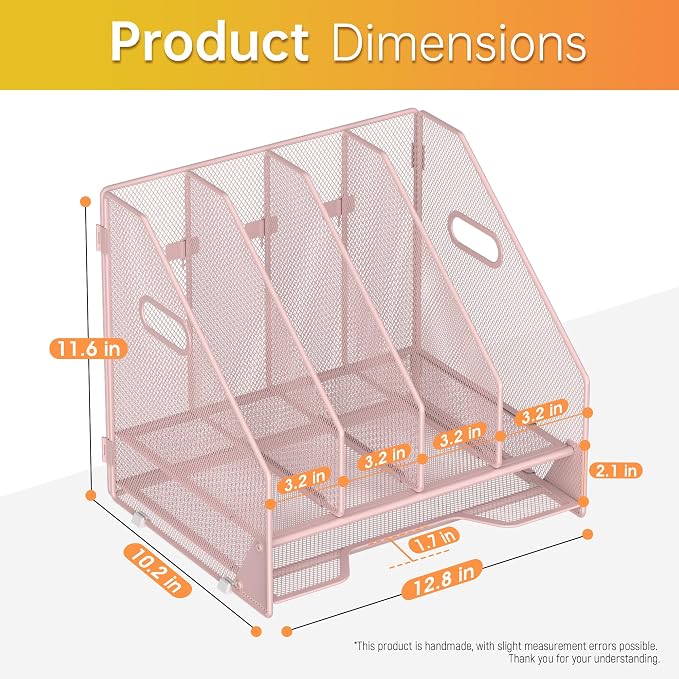 Docnest Mesh Desk File Organizer, 4 Vertical Compartment Box Sorter, Pink | Features 3 removable middle dividers for custom spacing and a bottom letter tray to hold paper, mail, and documents