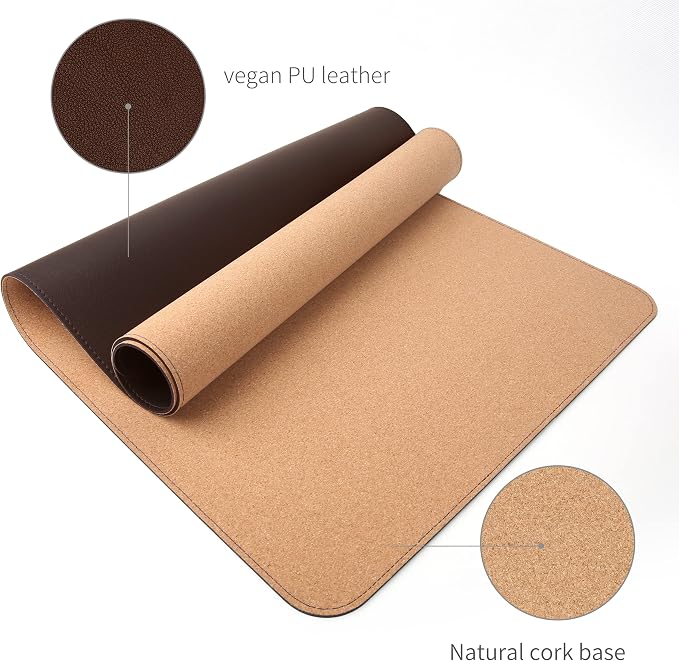 RENMTURE Dual-Sided Mouse Pad, Natural Cork & PU Leather Large Desk Pad for Office and Home Work, Desk Protector Non-Slip, Waterproof, Easy Clean (Dark Coffee, 36"x17")