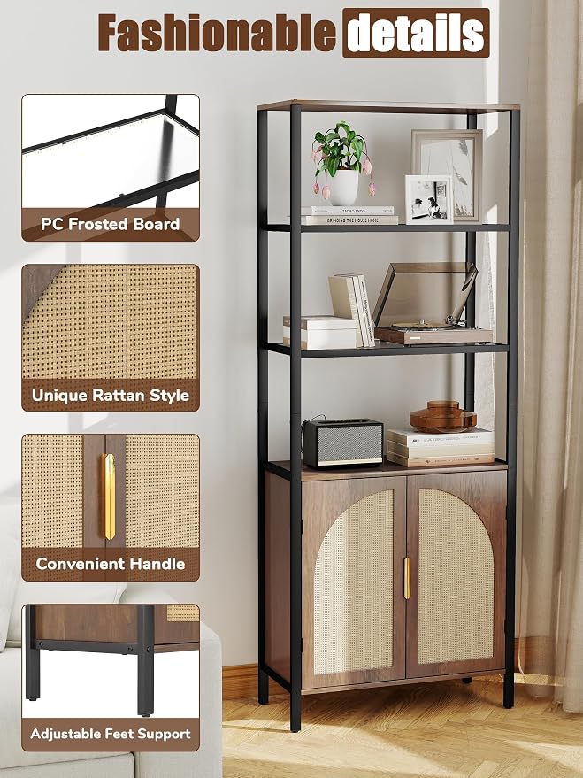 71" Tall Rattan Bookcase with LED Light, 3 Open Shelves & 2 Door Storage Cabinet, Mid Century Boho Bookshelf, Open Display Bookcase for Living Room, Home Office, Bedroom