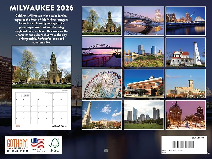 Milwaukee Calendar 2026 Wall 12 Month Monthly WI Scenic Souvenirs Themed Gifts | American Made In The USA