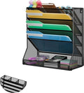 Jakyitvi Wall Mounted File Organizer, Metal Frame Mesh Desktop Sorter | 5-tier hanging style, 4 pull-out dividers, mail sorter, sturdy office supplies, stable R-shaped base, hardware included
