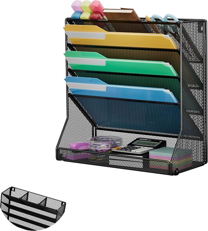 Jakyitvi Wall Mounted File Organizer, Metal Frame Mesh Desktop Sorter | 5-tier hanging style, 4 pull-out dividers, mail sorter, sturdy office supplies, stable R-shaped base, hardware included