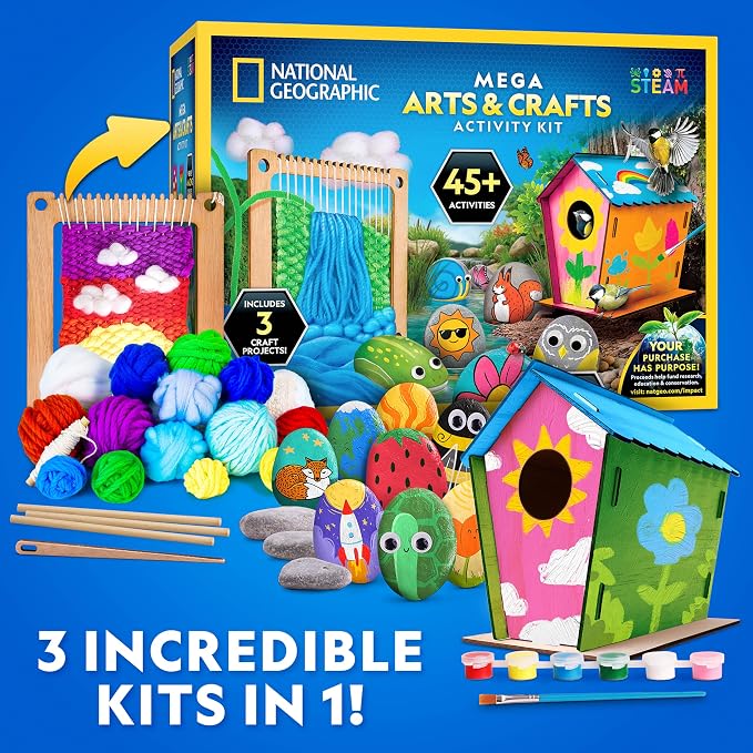 National Geographic Mega Arts and Crafts Activity Kit for Kids Ages 8-12 | Rock Painting, Weaving Loom for Kids & Birdhouse Craft, 3 Creative Projects, 25 Bonus Activities, Art Supplies, Birthday Gift