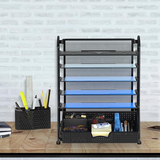 Simple Houseware 6-Tier Desk File Organizer w/Drawer & Pen Holder, Black | 5 Tilted Letter Trays for A4 Paper, Mail and Documents