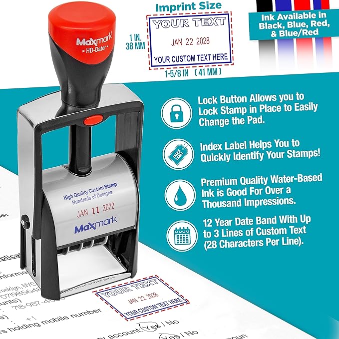 MaxMark Heavy Duty Self Inking Date Stamp with Phrase Faxed - Red Ink