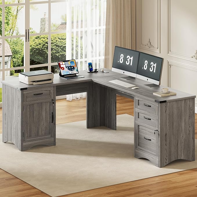 Decofy 67" L-Shaped Standing Desk, File Cabinet & Charging Station, Grey | Four Drawers, File Cabinet, Farmhouse Corner Desk, Wood Workstation, Grey Finish, For Home Office, Study and Writing