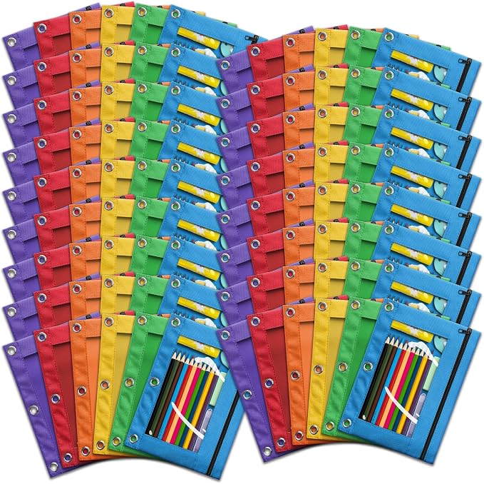 Pencil Pouch for 3 Ring Binder, Bulk 102 Pack 3-Holes Zipper Pencil Pouches in Assorted Colors, Sturdy and Durable Cloth Pencil Holder with Clear Window for Office School College Supplies