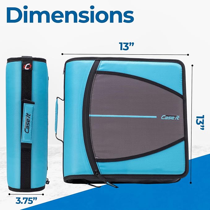 Case-it School Zipper Binder | 3-Inch O-Rings | 600-Sheet | D-146 Teal | Mighty Zip Tab, 5-Color Tab Expanding File Folder, Shoulder Strap, Handle, Office
