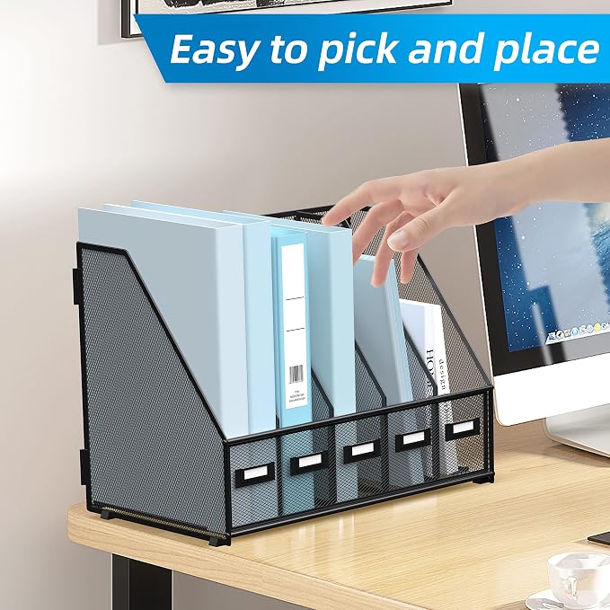 Desk Organizers Metal Desk Magazine File Holder with 5 Vertical Compartments Rack File Organizer for Office Desktop, Classroom, Home Workspace, Black