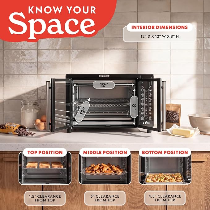 Gourmia French Door Air Fryer Toaster Oven – 6-Slice Capacity, FryForce 360°, Digital Display with 17 Cooking Presets, Black