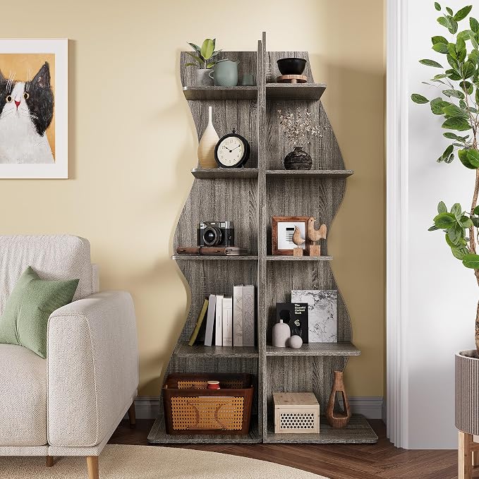 LITTLE TREE Small Corner Shelf, Modern 5-Tier Wall Corner Bookshelf, Stylish Bookcase Storage Rack for Small Space, Living Room, Bedroom