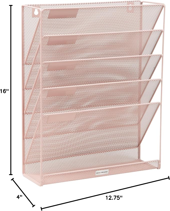 Mind Reader 5-Tier Vertical File Storage, Desktop Organizer, Wall Mount, Office, Metal Mesh, 12.75" L x 4" W x 16" H, Pink (Pack of 4)