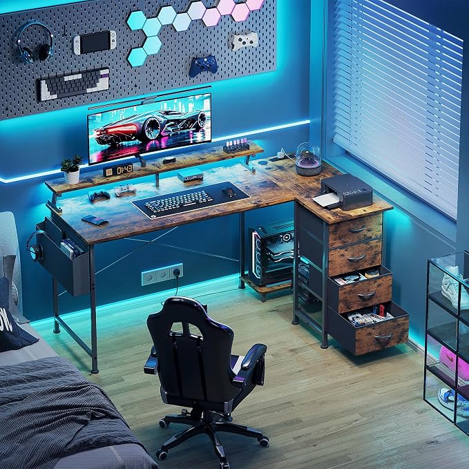VERMESS 63" Reversible L Shaped Gaming Computer Desk, Corner Desk with Power Outlets & Monitor Stand, Writing Study Table with 4 Storage Drawers, Desk with LED Lights, Rustic Brown