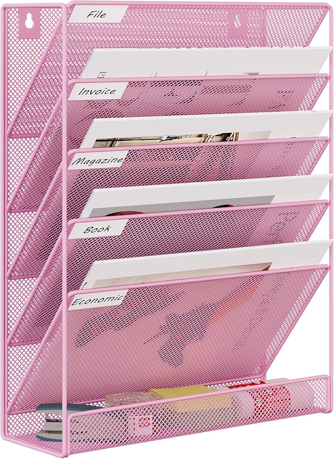 EasyPAG 5 Tier Wall File Holder, Mesh Hanging Folder Organizer with Classify Label, Versatile Desk File Holder, Vertical Wall Mounted Mail Organizer for Office Home Cubicle, Pink