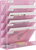 EasyPAG 5 Tier Wall File Holder, Mesh Hanging Folder Organizer with Classify Label, Versatile Desk File Holder, Vertical Wall Mounted Mail Organizer for Office Home Cubicle, Pink