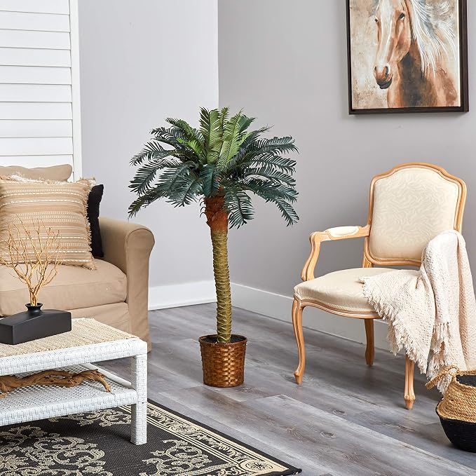 Nearly Natural 4 ft Artificial Sago Palm Tree in Wicker Basket Floor Plant | Sturdy Spiny Trunk, Lifelike Deep Green Fronds, Decorative Wicker Basket, Tropical Accent for Home and Office Decor