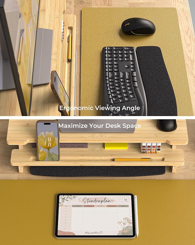 23” Bamboo Monitor Stand with Phone & Tablet Holder Desk Shelf | Monitor Riser for 40-55 Inch Desk Cozy Computer Setup Workplace Organizer Keyboard Storage Compact Ergonomic