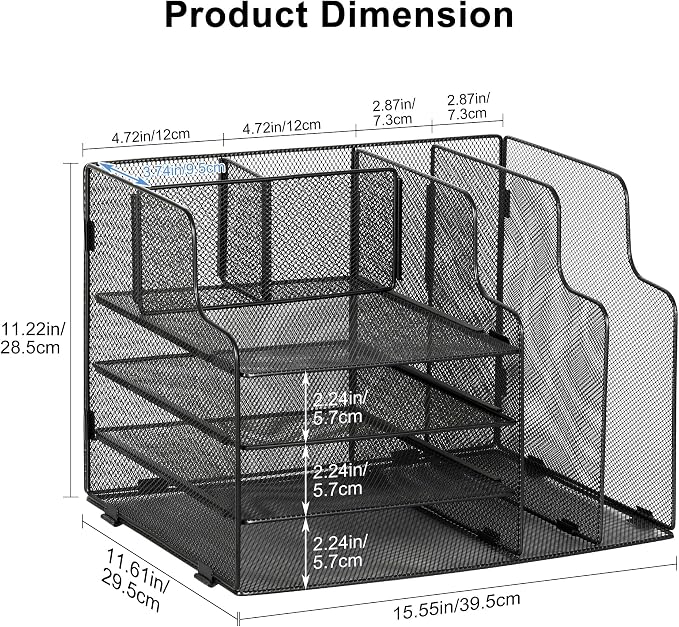 4-Tier Desk Organizer and Accessories with 2 File Holder Storage, Metal File Organizer for Desk with 2 Pen Holder, Office Organization for Paper, Document, Stationery Storage, Black