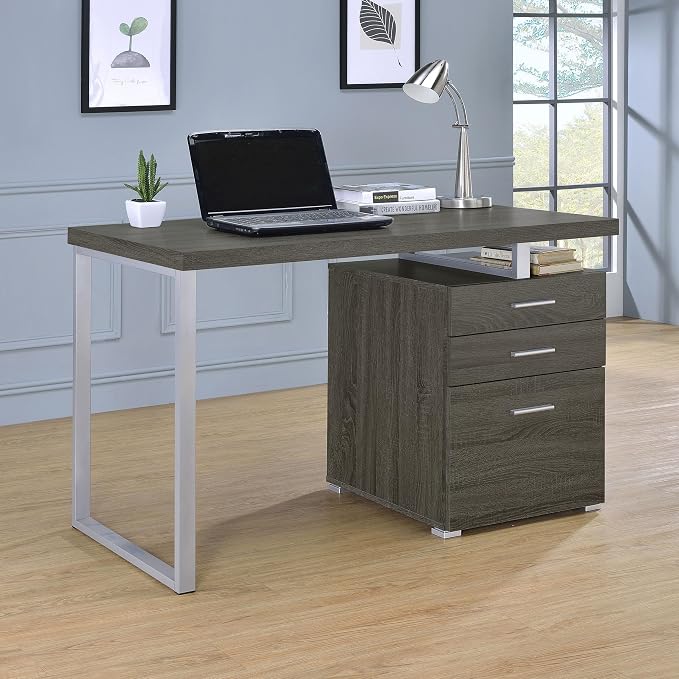 Coaster Home Furnishings Brennan Modern Contemporary Home Office 3-Drawer Writing Desk with Drawers Computer Desk Study Table File Cabinet Storage Silver Metal Frame Weathered Grey 800520
