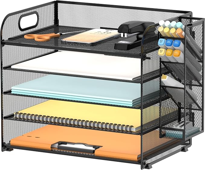 5-Tier Paper Organizer for Desk with Pen Holders, Letter Trays, Black | Metal Mesh Desktop File Organizer with Removable Trays and 2 Handles for Paper, Files, Mail, Folders in Office Home or School