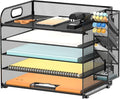 5-Tier Paper Organizer for Desk with Pen Holders, Letter Trays, Black | Metal Mesh Desktop File Organizer with Removable Trays and 2 Handles for Paper, Files, Mail, Folders in Office Home or School