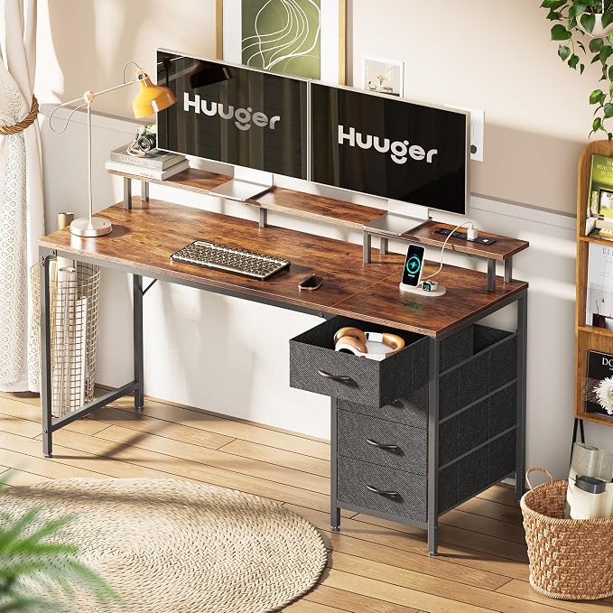 Huuger 55 Inch Computer Desk with Power Outlets and LED Lights, Gaming Desk with 4 Drawers, Office Desk with Monitor Stand, Study Work Home Office, Rustic Brown