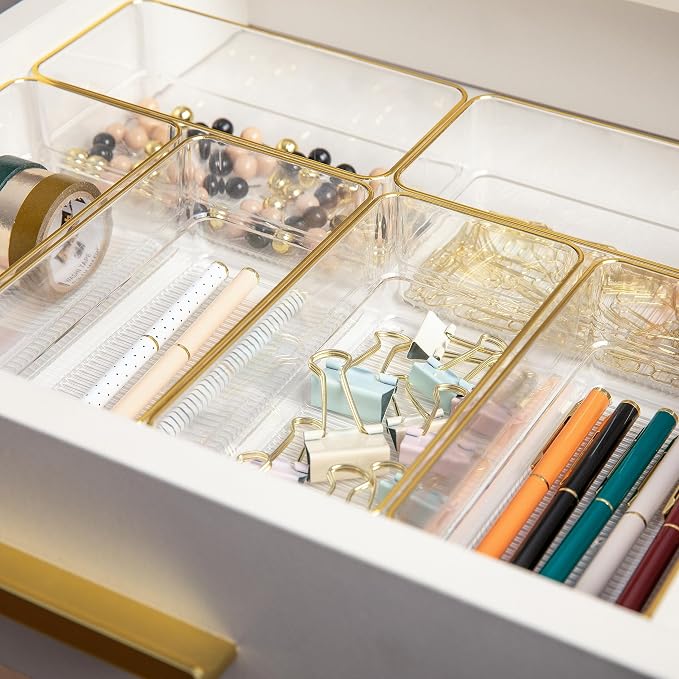 Martha Stewart Kerry Plastic Stackable Office Desk Drawer Organizers, 6" x 3", 6 Pack, with Gold Trim