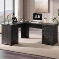 Decofy 67" Farmhouse L Shaped Standing Desk with Drawers Home Office Executive Desks with Fast Charging Station, Lockable File Cabinet, Wood Writing Computer Desk for Work, Study