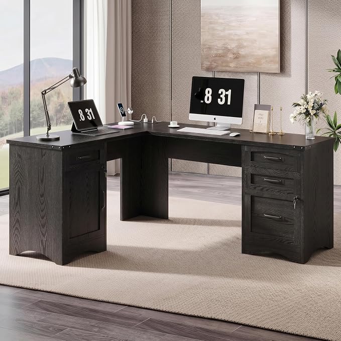 Decofy 67" Farmhouse L Shaped Standing Desk with Drawers Home Office Executive Desks with Fast Charging Station, Lockable File Cabinet, Wood Writing Computer Desk for Work, Study