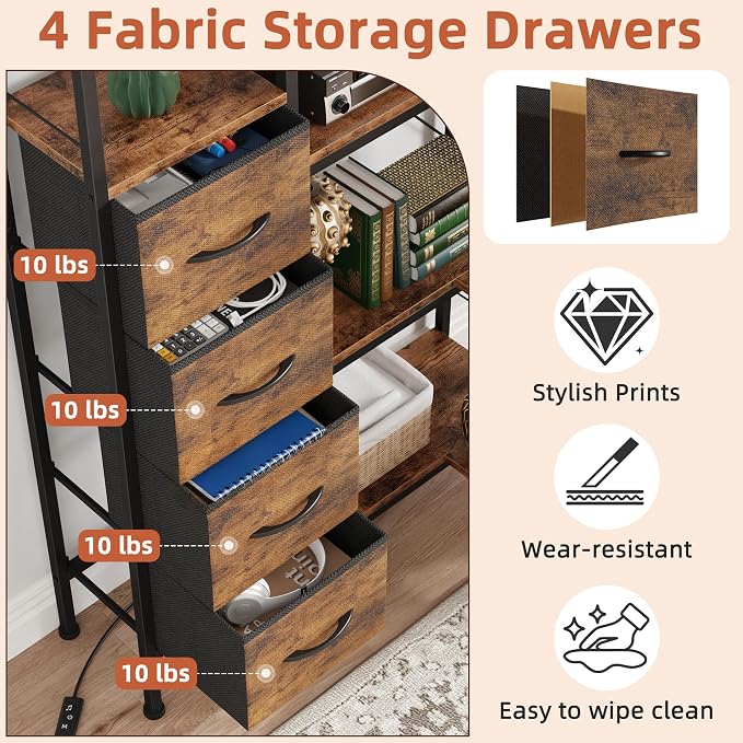 AFLUI Corner Bookshelf with LED Light Strips & 4 Fabric Drawers, 5-Tier Convertible Corner Shelf with Display Shelf, Large Wood Industrial Bookcase for Living Room, Bedroom, Home Office, Rustic Brown