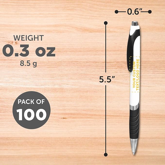 DISCOUNT PROMOS Ballpoint Pens With Rubber Grip - 100 pack - Customizable Text, Logo - Black Ink Ball Point Pen with Soft Touch Plastic - White